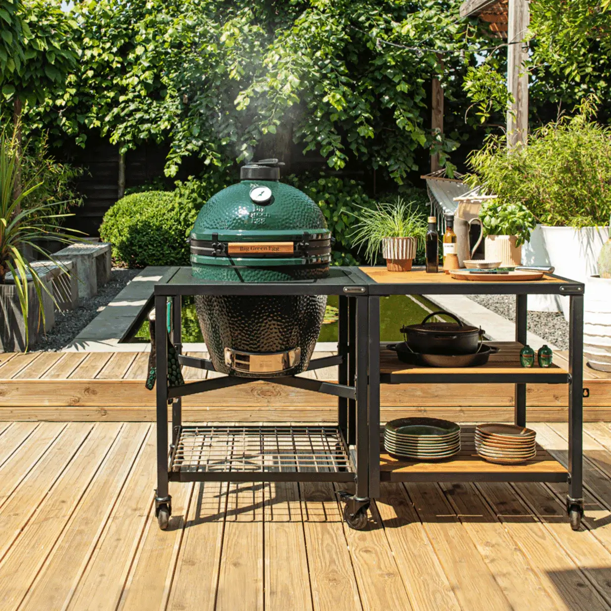 Large Big Green Egg in Modular Nest with Expansion and 3 Acacia Inserts Package - Image 6